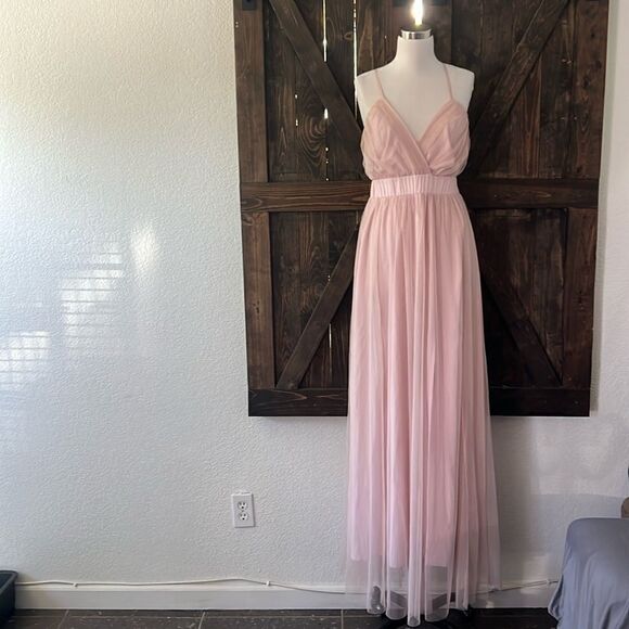 Tulle Pink Mesh Lace Dress, Elegant V-Neck Evening Dress, Autumn Winter Sexy - Picture 2 of 14